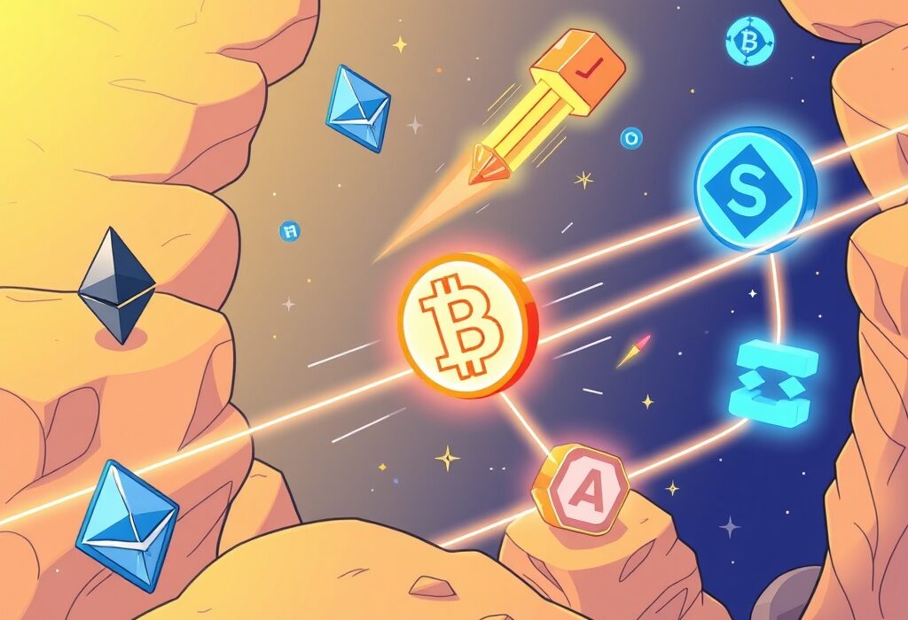 A cartoon illustration showing the Solana bridge enabling fast, seamless cross-chain transfers between Ethereum, Layer-2s, and Solana.