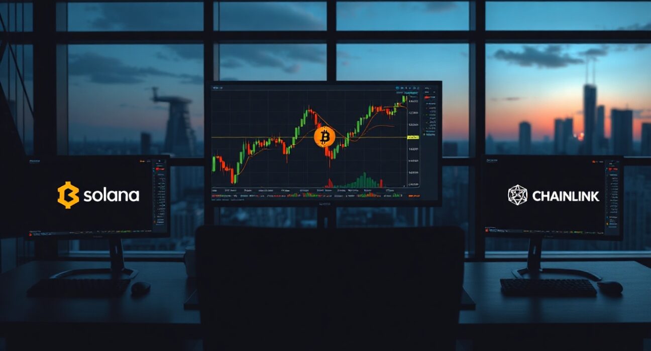 Trading desk with monitors showing Bitcoin, Solana, and Chainlink price charts