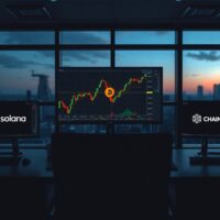 Trading desk with monitors showing Bitcoin, Solana, and Chainlink price charts