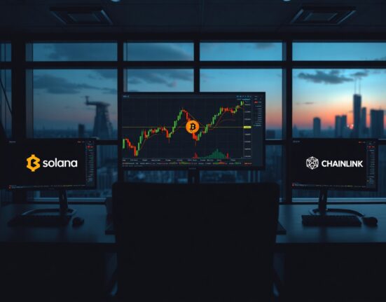 Trading desk with monitors showing Bitcoin, Solana, and Chainlink price charts