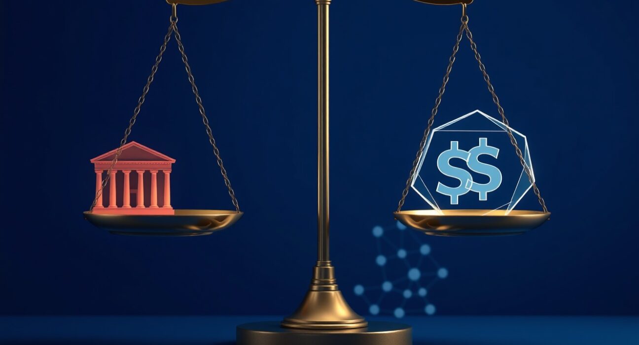 Scale of justice over blockchain representing Solana co-founder's call for court oversight of stablecoin freezes.
