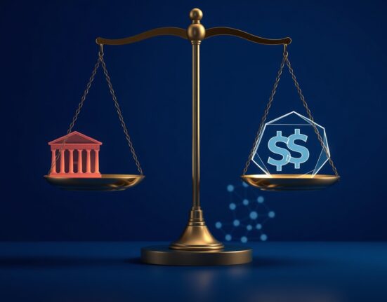 Scale of justice over blockchain representing Solana co-founder's call for court oversight of stablecoin freezes.