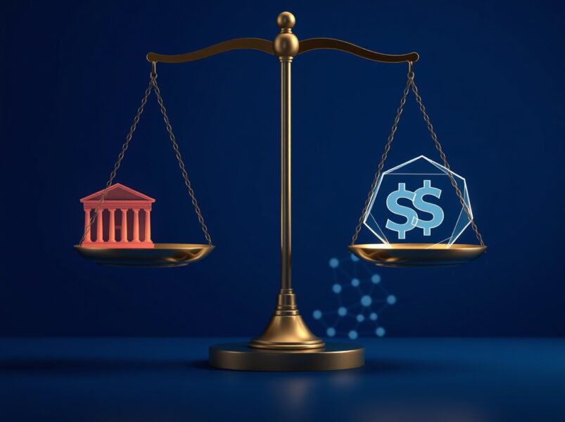Scale of justice over blockchain representing Solana co-founder's call for court oversight of stablecoin freezes.