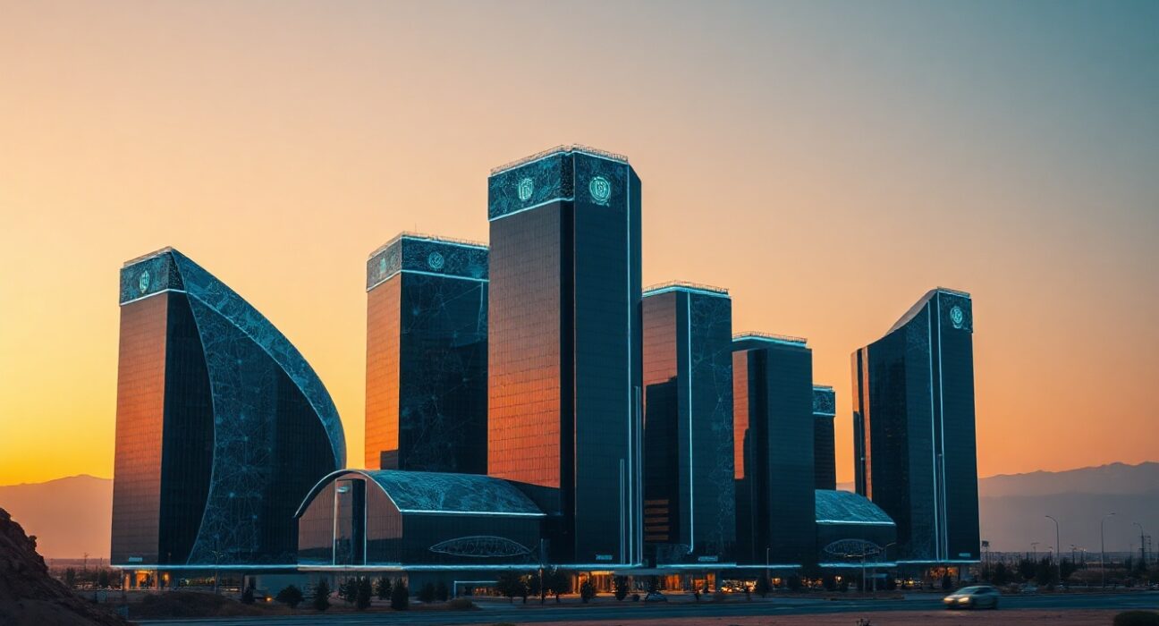 Futuristic digital city skyline representing Alatau City in Kazakhstan with blockchain network overlays at dusk