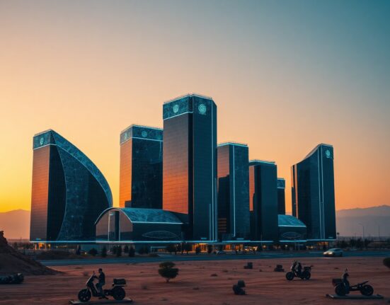 Futuristic digital city skyline representing Alatau City in Kazakhstan with blockchain network overlays at dusk