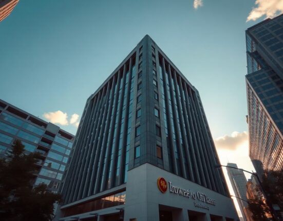 Modern corporate office building exterior in financial district during golden hour