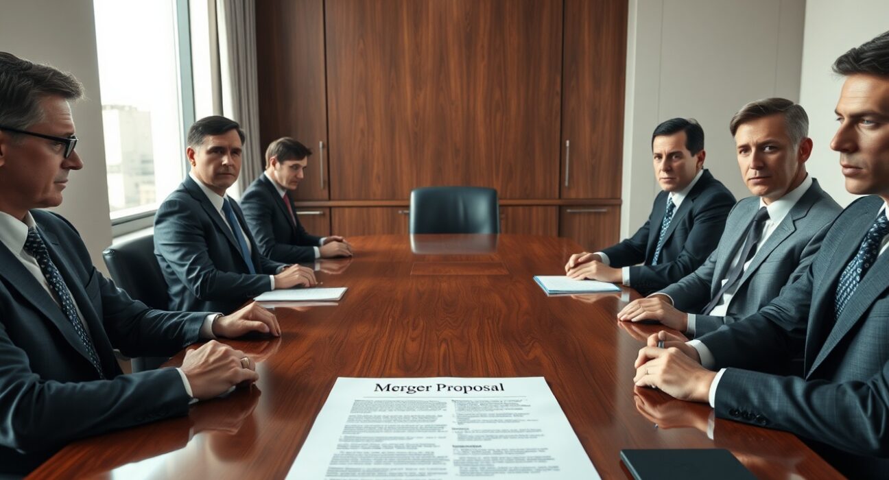 Boardroom meeting with merger proposal document on table