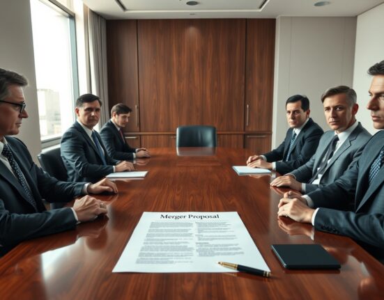 Boardroom meeting with merger proposal document on table
