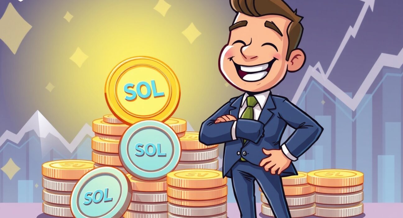 A cartoon depiction of a Solana Company character celebrating a significant Solana Company SOL purchase, indicating strategic investment.