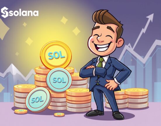 A cartoon depiction of a Solana Company character celebrating a significant Solana Company SOL purchase, indicating strategic investment.