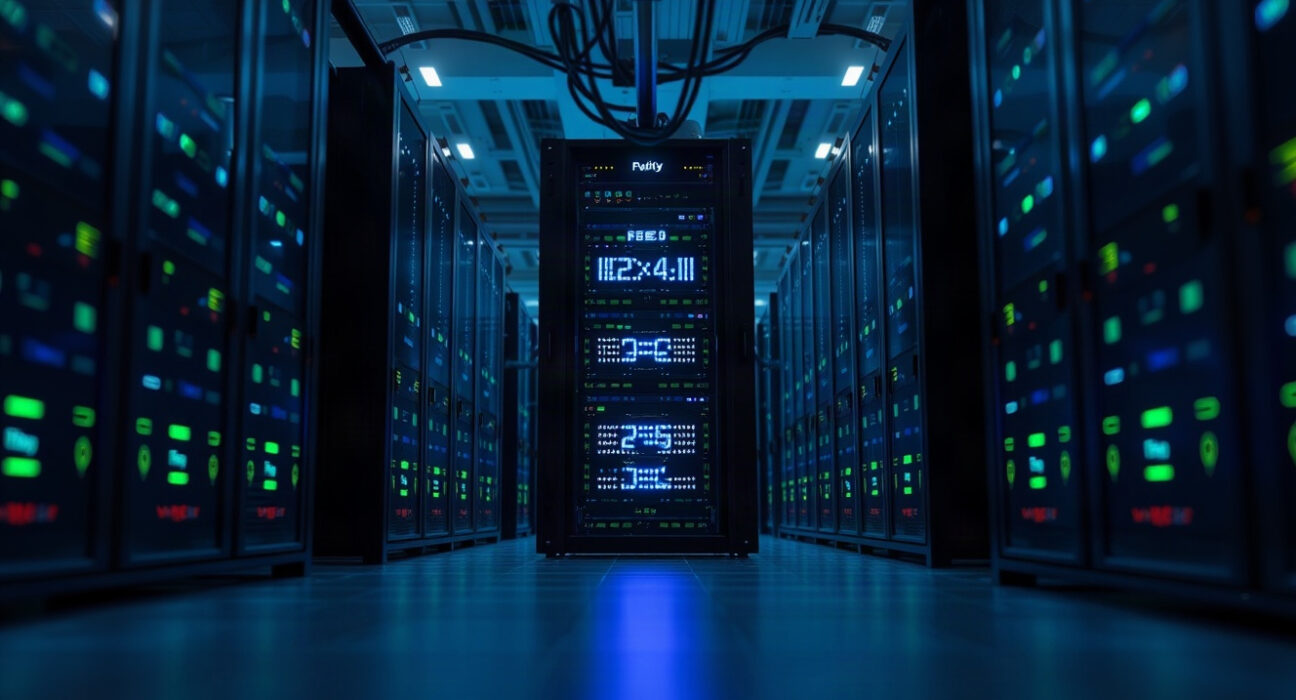 Solana blockchain infrastructure with server racks in a data center