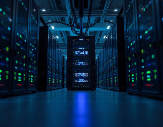 Solana blockchain infrastructure with server racks in a data center