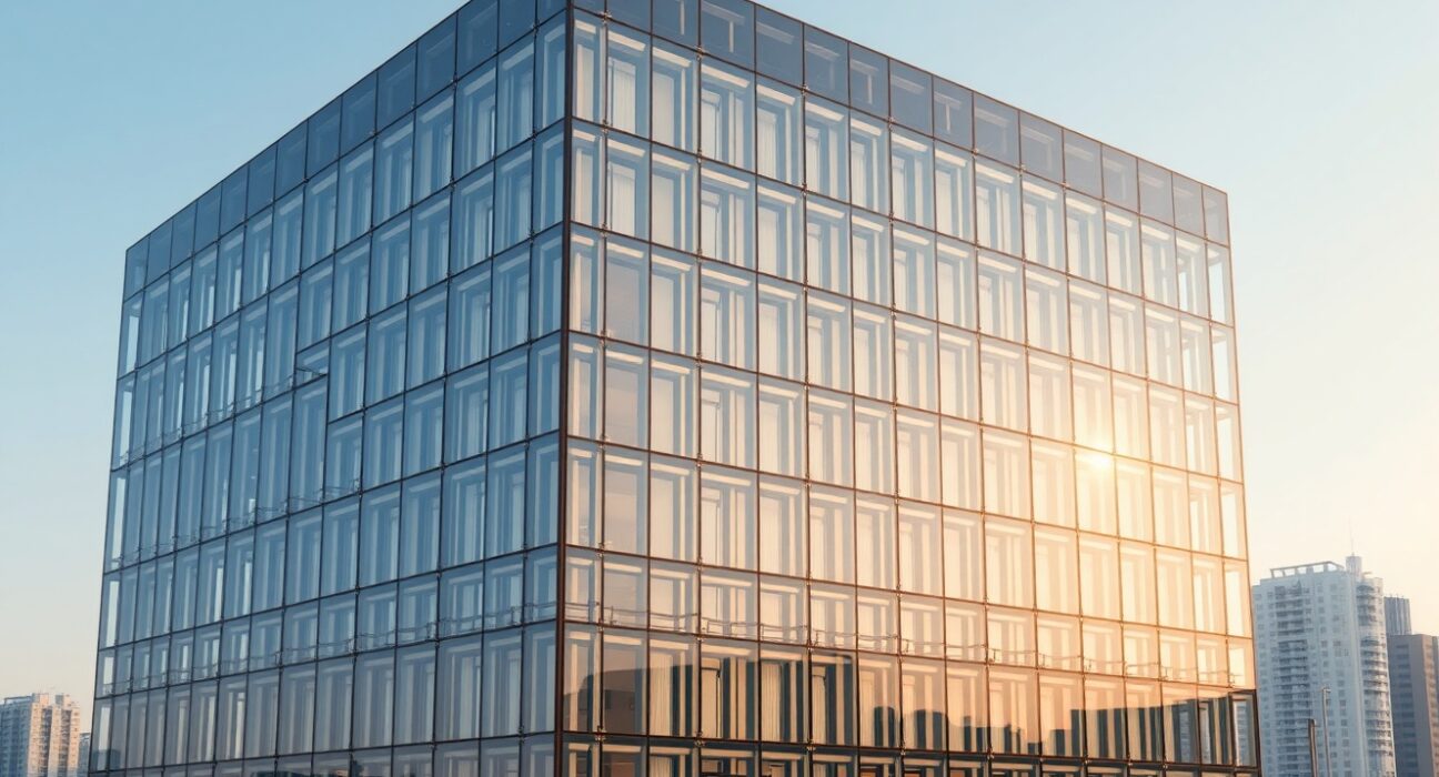 Solana's customizable privacy framework represented as a modern building with selective privacy windows for corporate adoption