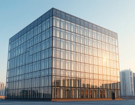 Solana's customizable privacy framework represented as a modern building with selective privacy windows for corporate adoption