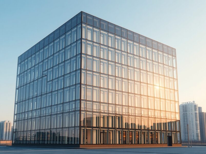 Solana's customizable privacy framework represented as a modern building with selective privacy windows for corporate adoption
