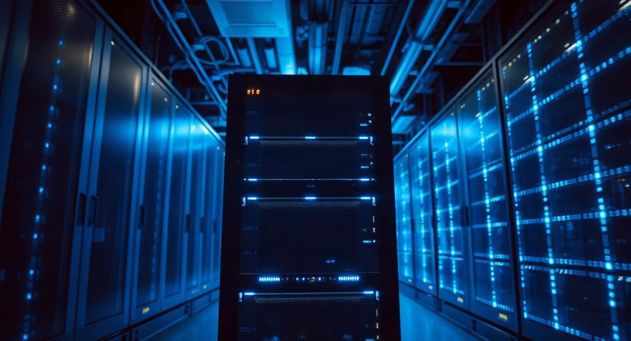 Solana blockchain data center server rack with blue lights