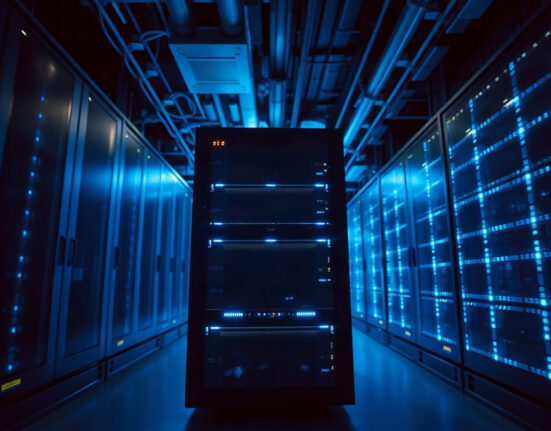 Solana blockchain data center server rack with blue lights