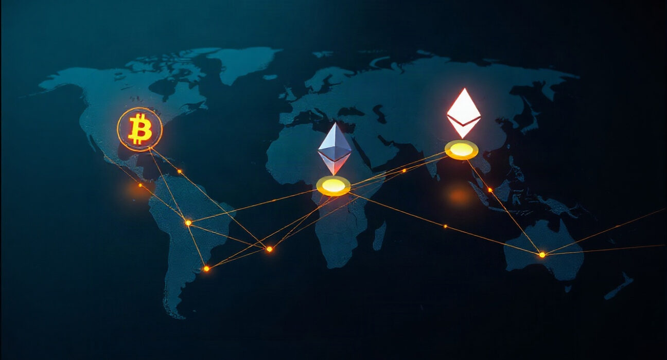 Global map with network nodes representing Solana, Bitcoin, and Ethereum geographic distribution