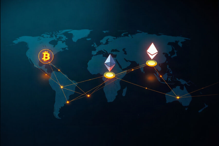Global map with network nodes representing Solana, Bitcoin, and Ethereum geographic distribution