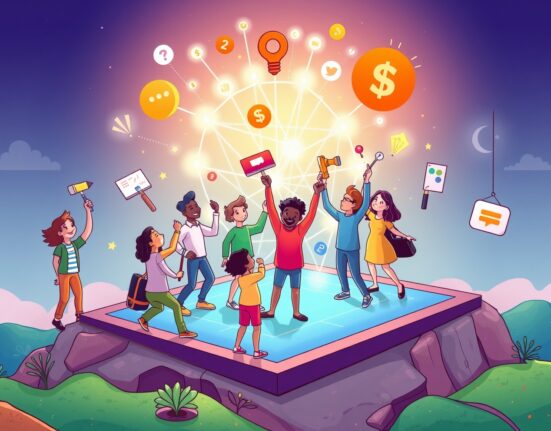 Cartoon illustration of collaborative Solana decentralization with diverse contributors building a network.