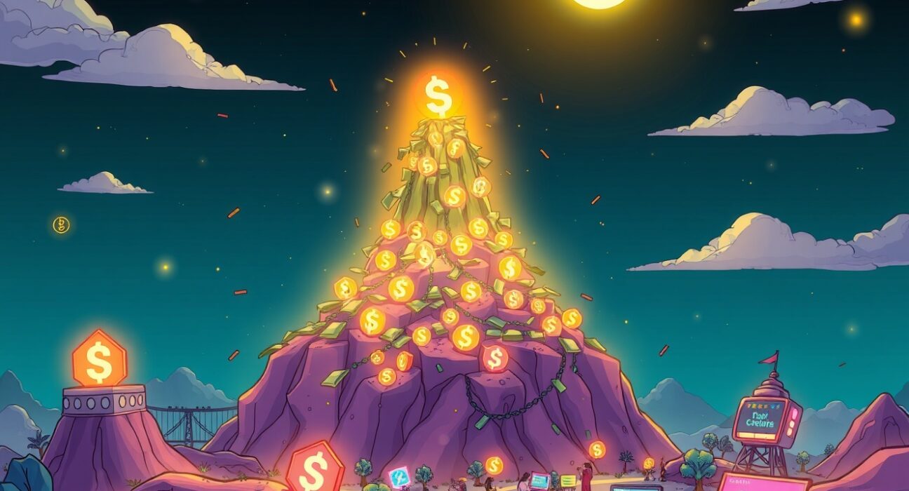 A cartoon illustration showing Solana DeFi TVL reaching a new record high, symbolizing significant growth and prosperity in the ecosystem.
