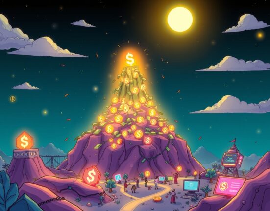 A cartoon illustration showing Solana DeFi TVL reaching a new record high, symbolizing significant growth and prosperity in the ecosystem.