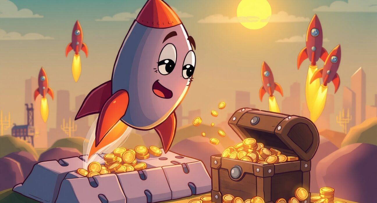 Solana-based DEX Lifinity shutting down as a rocket ship runs out of fuel next to a treasure for token holders.