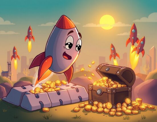 Solana-based DEX Lifinity shutting down as a rocket ship runs out of fuel next to a treasure for token holders.