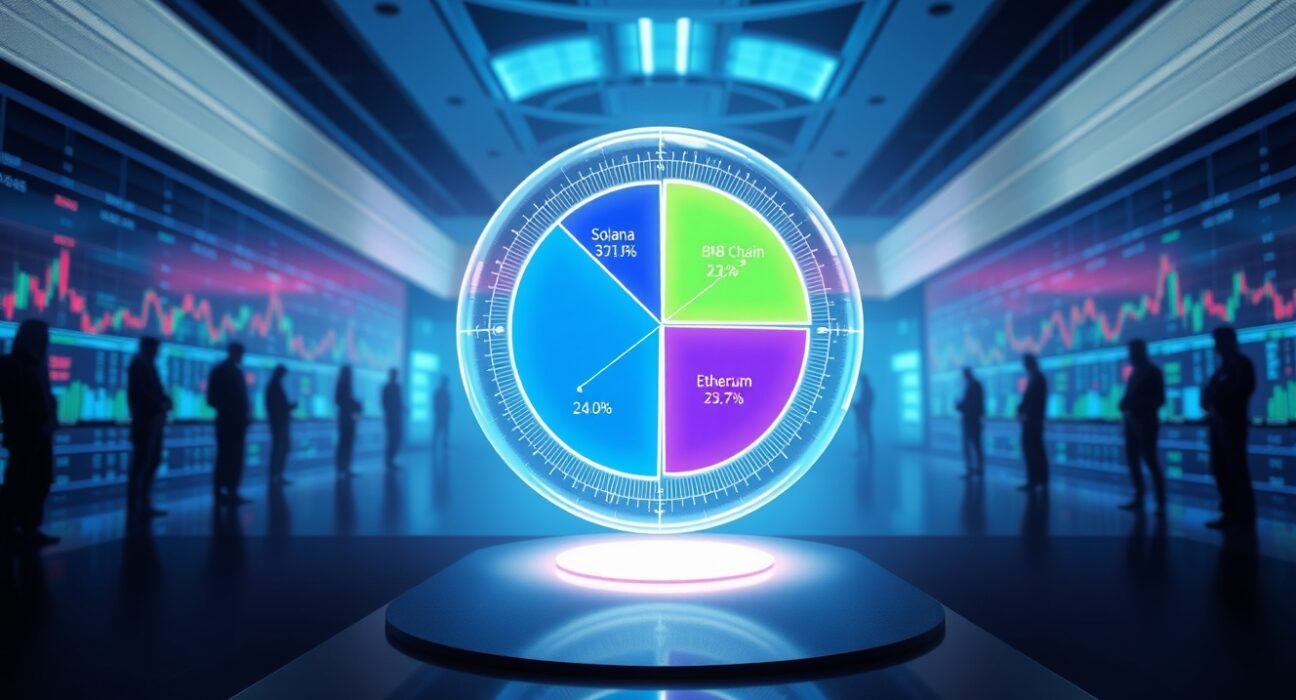 Solana DEX market share pie chart showing 30.6% dominance in Q1 2025 trading volume