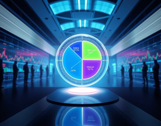 Solana DEX market share pie chart showing 30.6% dominance in Q1 2025 trading volume