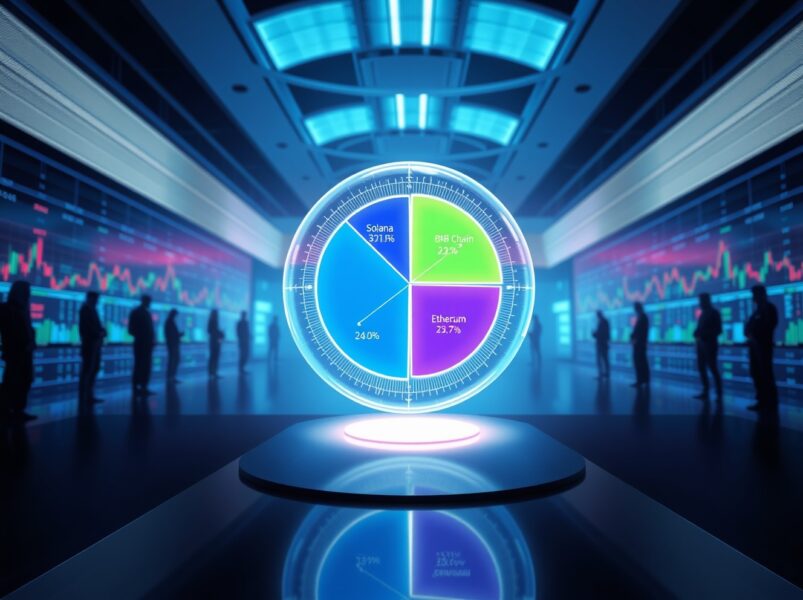 Solana DEX market share pie chart showing 30.6% dominance in Q1 2025 trading volume