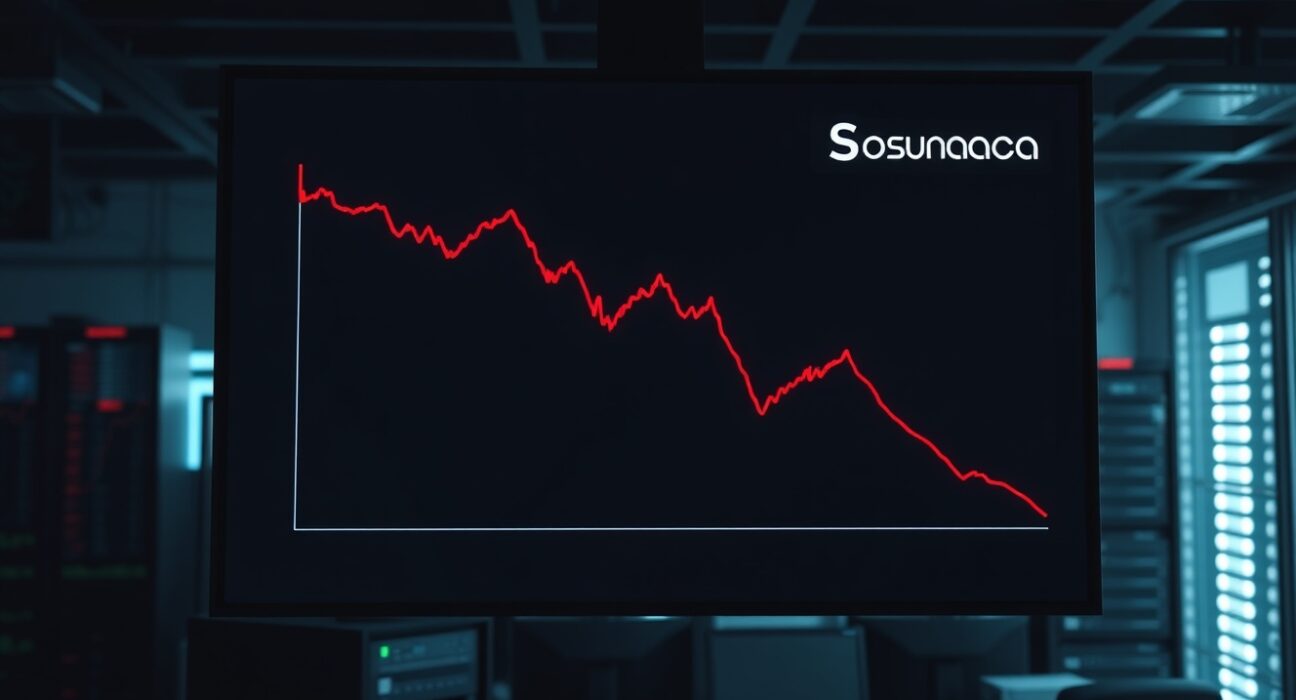 Downward chart on digital display representing Solana DEX trading volume drop