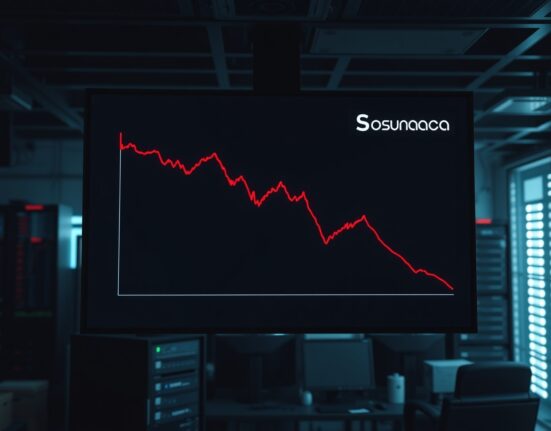 Downward chart on digital display representing Solana DEX trading volume drop