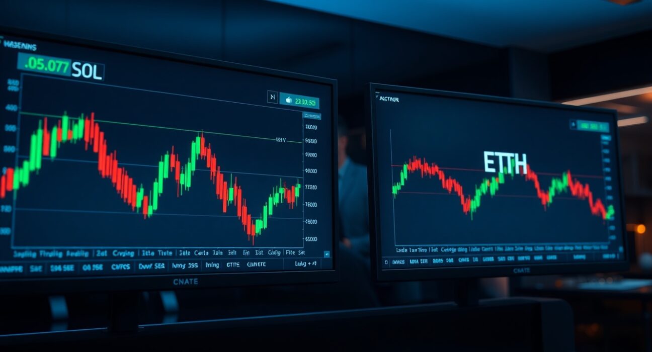 Two monitors showing Solana and Ethereum trading charts in a modern trading room