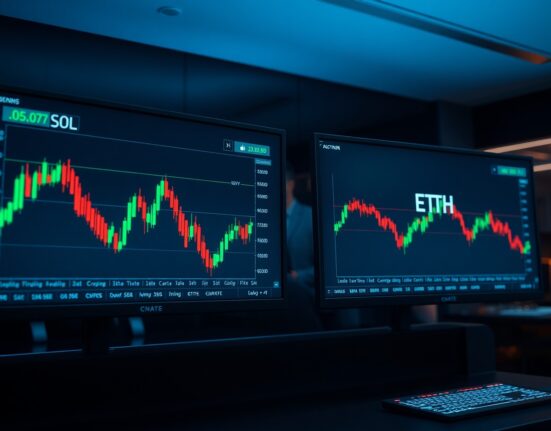 Two monitors showing Solana and Ethereum trading charts in a modern trading room