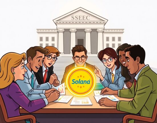 Financial professionals reviewing documents, symbolizing significant progress for a Solana ETF.