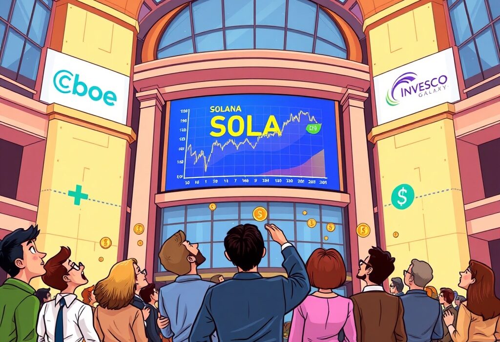 An illustration of investors celebrating the potential listing of a Solana ETF, symbolizing crypto's growing financial integration.