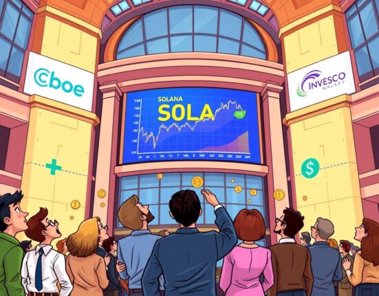 An illustration of investors celebrating the potential listing of a Solana ETF, symbolizing crypto's growing financial integration.
