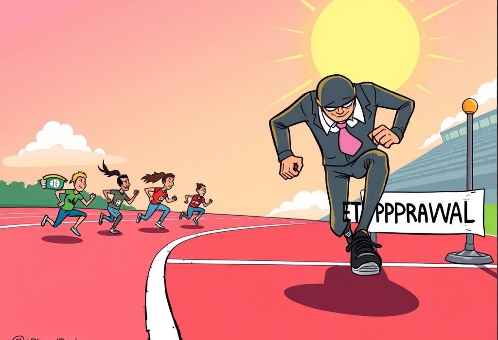 Early Solana ETF filers are depicted gaining a crucial lead over a larger competitor in the race for SEC approval.