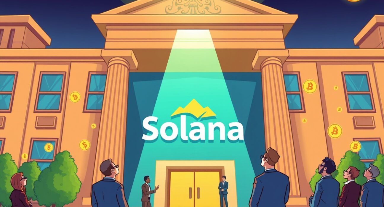 A cartoon illustration showing the significant progress of a Solana ETF filing by Fidelity, highlighting institutional interest in the Solana ETF.