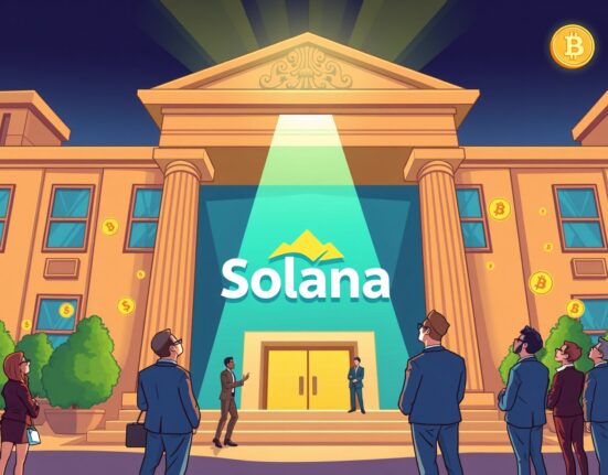 A cartoon illustration showing the significant progress of a Solana ETF filing by Fidelity, highlighting institutional interest in the Solana ETF.