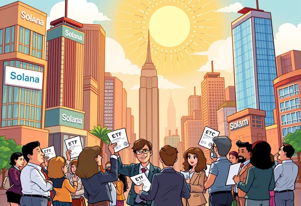 Cartoon illustration showing financial experts discussing Solana ETF filings, symbolizing progress towards SEC approval.