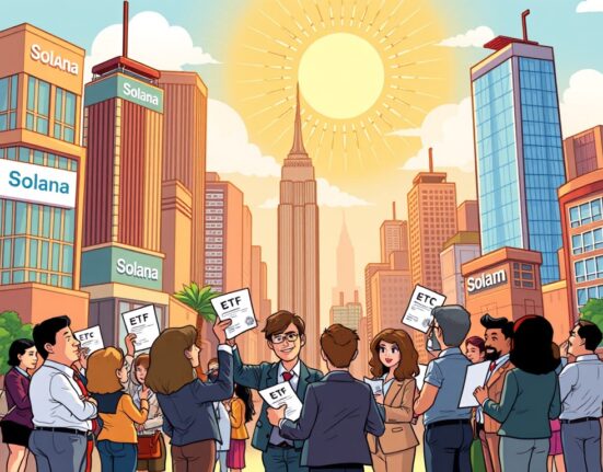 Cartoon illustration showing financial experts discussing Solana ETF filings, symbolizing progress towards SEC approval.