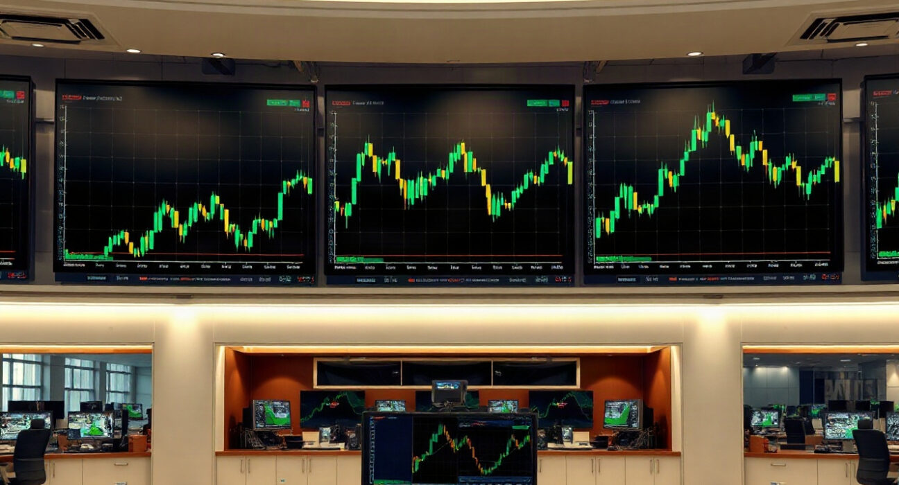 Trading screens showing upward trend charts as Solana ETFs record strong inflows