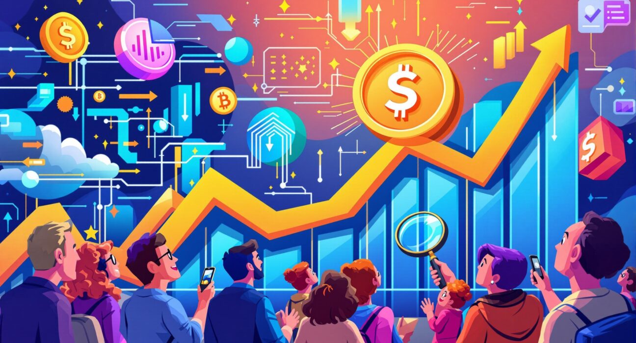 A cartoon illustration showing investors benefiting from a Solana ETF that offers staking rewards, symbolizing financial growth and innovation.