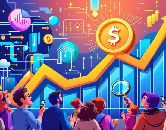 A cartoon illustration showing investors benefiting from a Solana ETF that offers staking rewards, symbolizing financial growth and innovation.