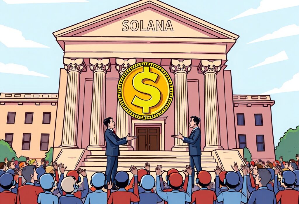 A cartoon illustration depicting the SEC acknowledging the Invesco Galaxy Solana ETF filing, symbolizing a pivotal moment for digital asset investments.