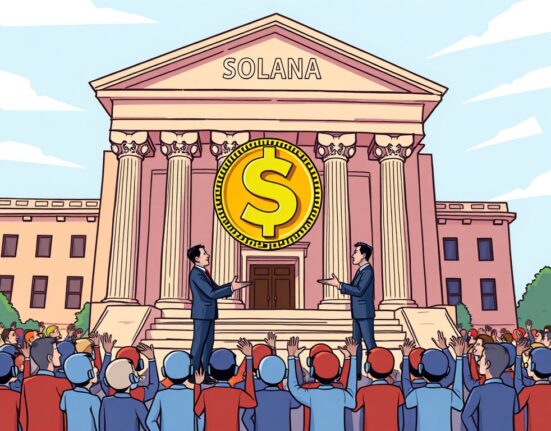 A cartoon illustration depicting the SEC acknowledging the Invesco Galaxy Solana ETF filing, symbolizing a pivotal moment for digital asset investments.