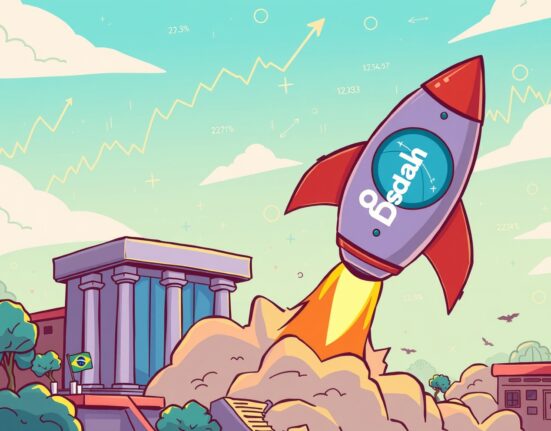 A vibrant cartoon of a Solana rocket launching from the Brazilian B3 exchange, symbolizing the new Solana ETP listing.