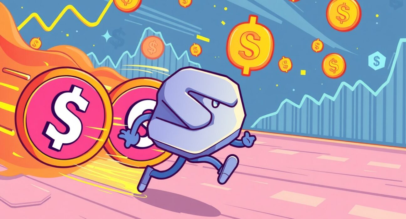 A dynamic cartoon showing Solana blockchain racing ahead, symbolizing its rapid growth and impact on the crypto financial markets.